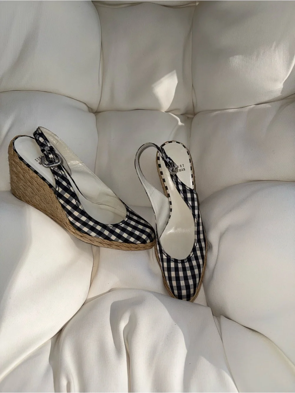 Stuart Weitzman Black & White Gingham Espadrille Wedge Slingbacks - Picture 3 of 7